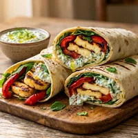 Gegrilde halloumi wrap met geroosterde paprika en tzatziki