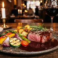 Grilled tournedos with red wine sauce and grilled vegetables