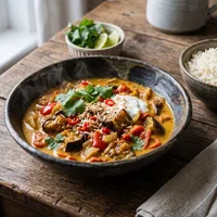 Roasted eggplant curry with coconut milk and basmati rice