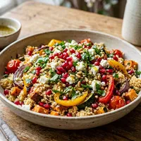 Roasted vegetable couscous salad with pomegranate and feta