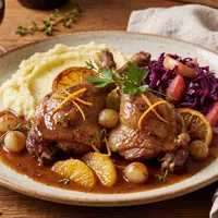 Braised duck legs with red cabbage and orange