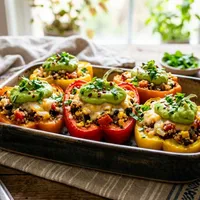 Gevulde paprika's met quinoa, zwarte bonen en avocadocrème