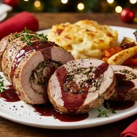 Stuffed pork tenderloin with mushrooms and red wine sauce
