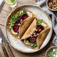 Gluten-free buckwheat galettes with goat cheese and roasted beetroot