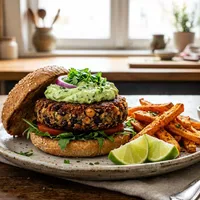 Gluten-free bean burgers with avocado and sweet potato fries