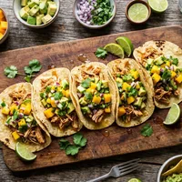 Gluten-free corn tortillas with pulled chicken and mango-avocado salsa