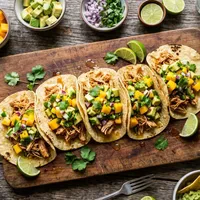 Gluten-free corn tortillas with pulled chicken and mango-avocado salsa