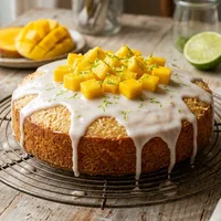 Gluten-free rice-coconut cake with mango and lime