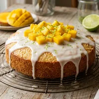 Gluten-free rice-coconut cake with mango and lime