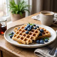 Gluten-free rice flour waffles with blueberries and maple syrup