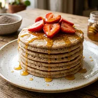 Gluten-free teff pancakes with honey and fresh strawberry
