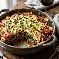 Greek minced meat casserole with feta and tomato