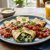 Savory Spinach and Cheese Stuffed Crepes with Tomato Sauce