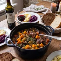 Autumn stew with beef, pumpkin and red wine
