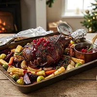 Venison haunch with red currant reduction and roasted winter vegetables