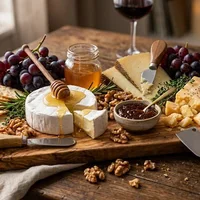 Cheese board with honey, walnuts and fig jam