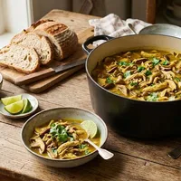 Chicken soup with curry and mushrooms