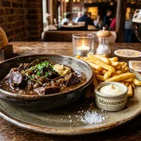 Classic Belgian beef stew (stoverij) with fries