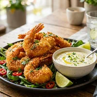 Gambas crujientes en freidora de aire con salsa de ajo y lima