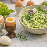 Easter brunch herb butter with boiled eggs