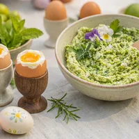 Easter brunch herb butter with boiled eggs