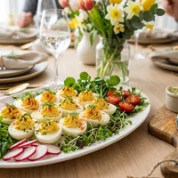 Ostertafel mit gefüllten Eiern und Frühlingsgemüse