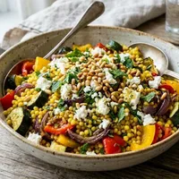 Pearl couscous salad with roasted vegetables and feta