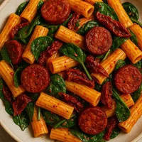 Pasta picante con chorizo, espinacas y tomates secos