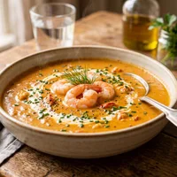 Creamy lobster soup with shrimp and chives