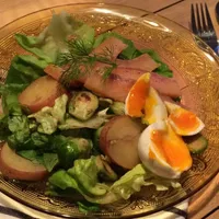 Salad with Brussels sprouts, smoked salmon and egg