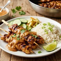 Satay with peanut sauce and rice
