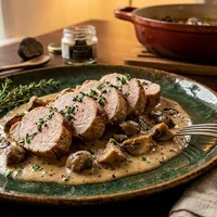 Slow-cooked Pork Tenderloin in Creamy Mushroom-Truffle Sauce