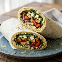 Quick wrap with hummus, roasted vegetables and feta