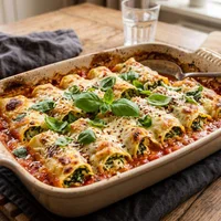 Spinach-ricotta rolls with tomato sauce