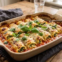 Spinach-ricotta rolls with tomato sauce