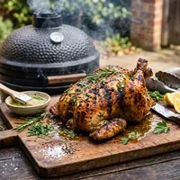 Spit-roasted whole chicken with herb butter