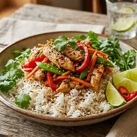 Riso thailandese al cocco con verdure e pollo