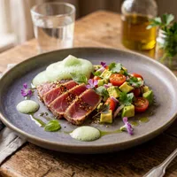 Tuna Tataki with avocado salad and basil foam