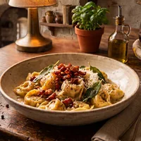 Tortellini in creamy truffle sauce with pancetta and sage
