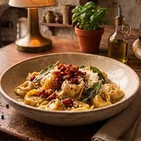 Tortellini in creamy truffle sauce with pancetta and sage