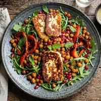 Salade tiède de halloumi au poivron rôti et aux pois chiches