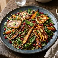 Ensalada templada de lentejas con zanahoria asada y halloumi dorado