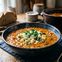 Warm lentil soup with smoked paprika and feta
