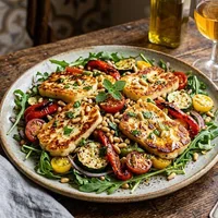 Warm salad with seared halloumi and roasted vegetables