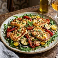 Warm salad with seared halloumi and roasted vegetables