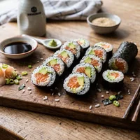 Homemade sushi rolls with salmon and avocado