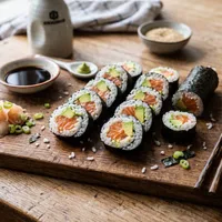 Homemade sushi rolls with salmon and avocado
