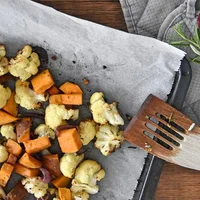 Roasted Sweet Potato and Cauliflower with Garlic & Rosemary