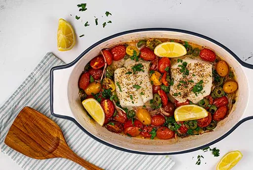 Cod with Roasted Heirloom Tomatoes, Capers & Olives