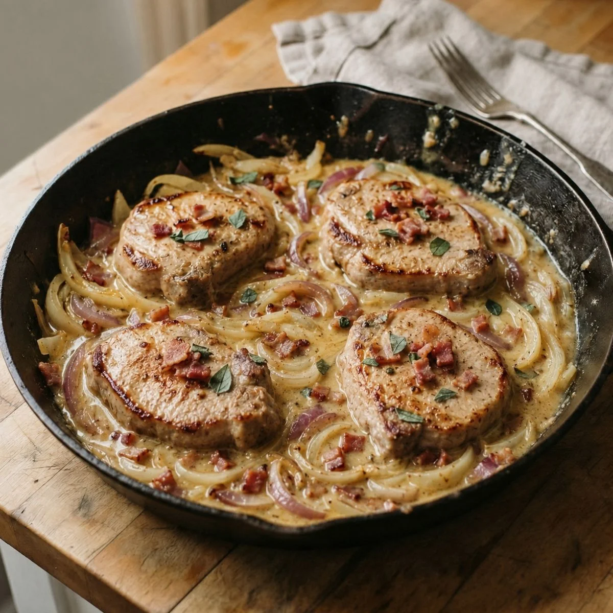 Côtelettes de porc crémeuses au cidre de pomme, bacon et fenouil